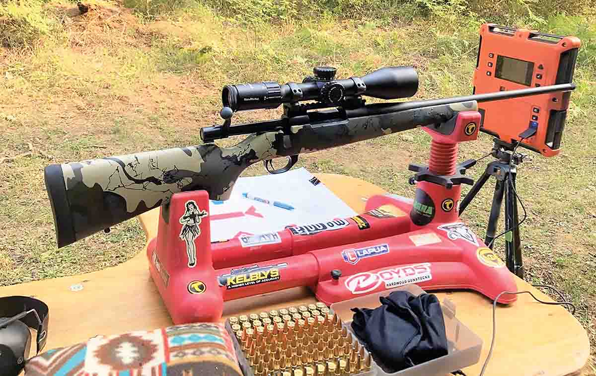 Patrick shot the Howa 1500 7mm-08 Remington atop his sturdy bench and MTM Case-Gard K-Zone rifle cradle, recording velocities with a LabRadar doppler unit.